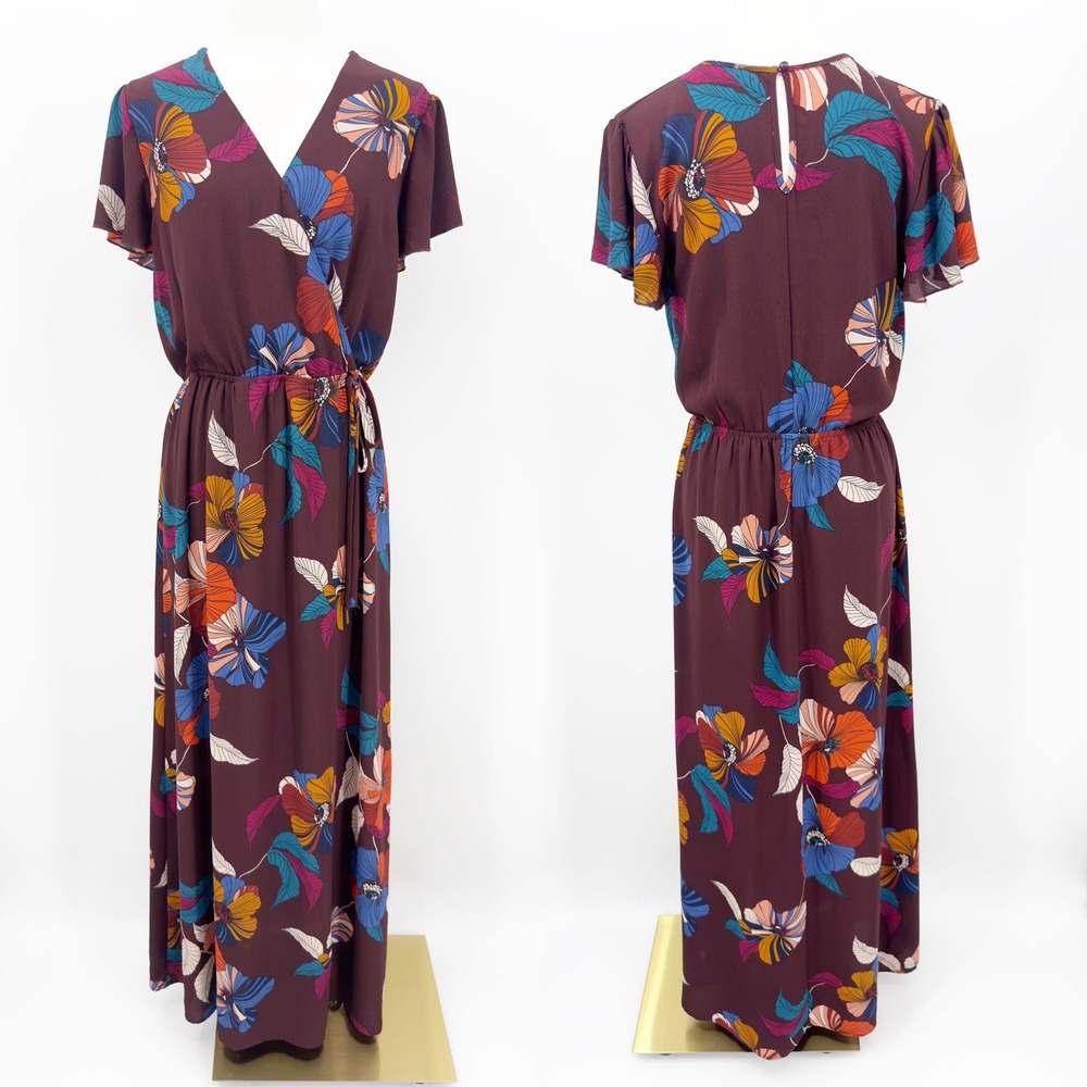 Maurices Maxi Dress Floral Faux Wrap Flutter Sleeve XS Boho Cottagecore Festival